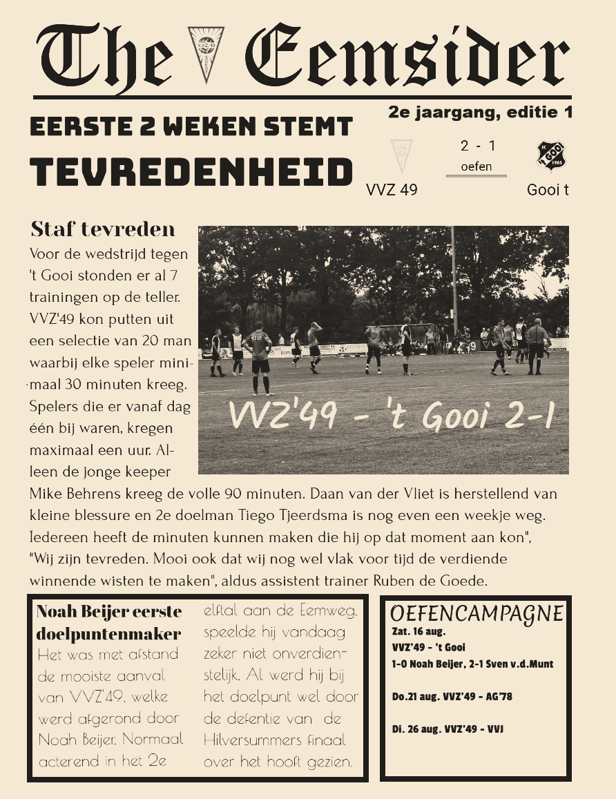 VVZ'49 verslaat 't Gooi in eerste oefenwedstrijd