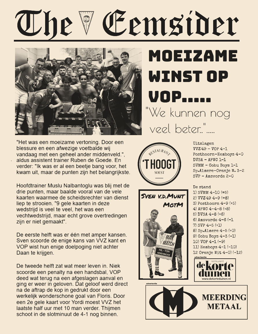 VVZ’49 weet het publiek nog niet te verwennen. VOP toch met mooie cijfers verslagen