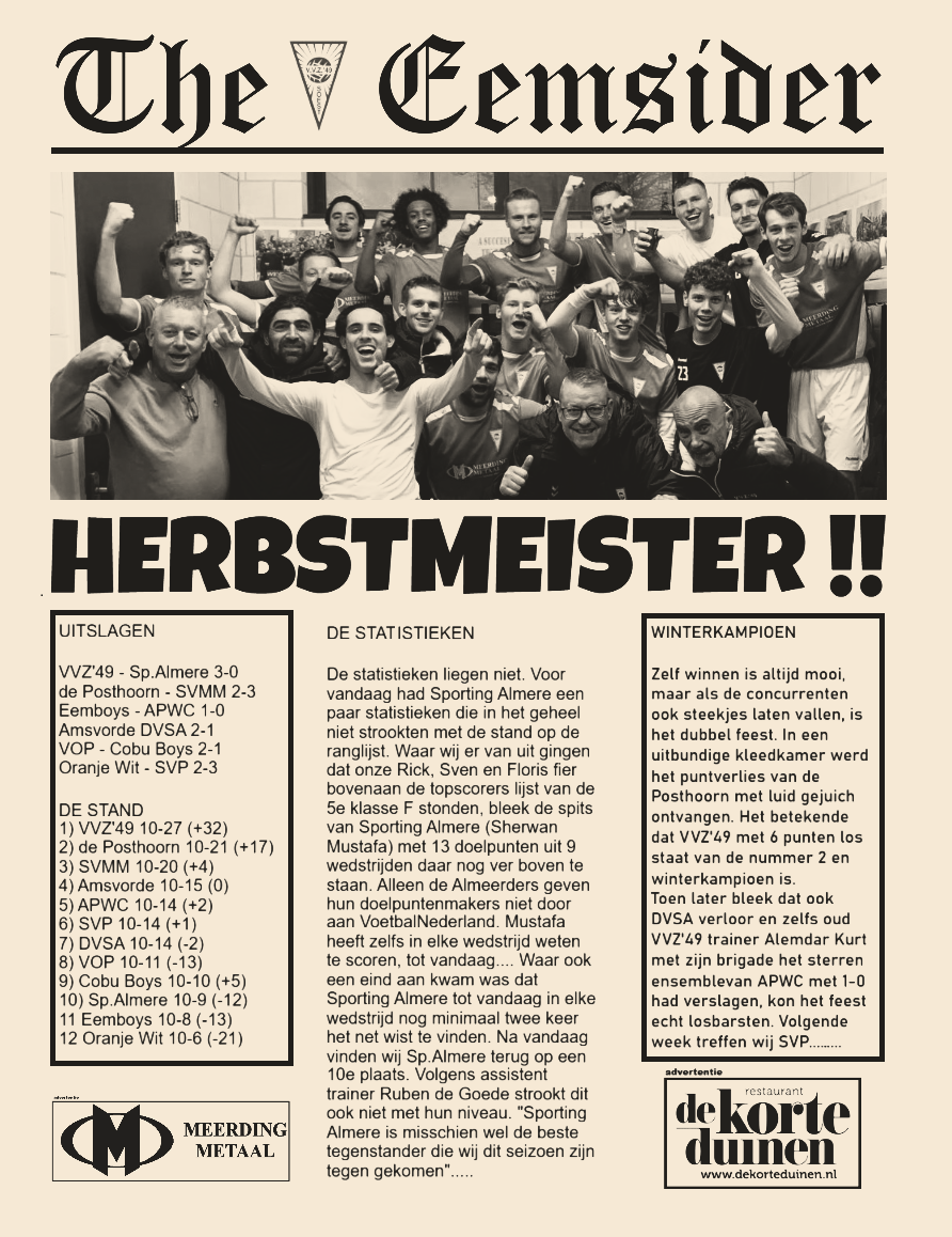 VVZ’49 wint van Sporting  Almere en loopt uit op concurrenten….