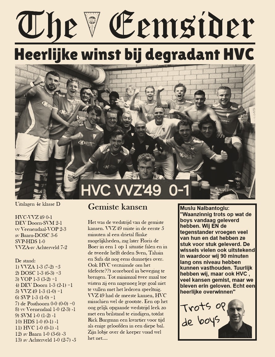 Promovendus VVZ’49 verslaat in heroïsch gevecht degradant HVC met miniem verschil.Wedstrijd van de gemiste kansen