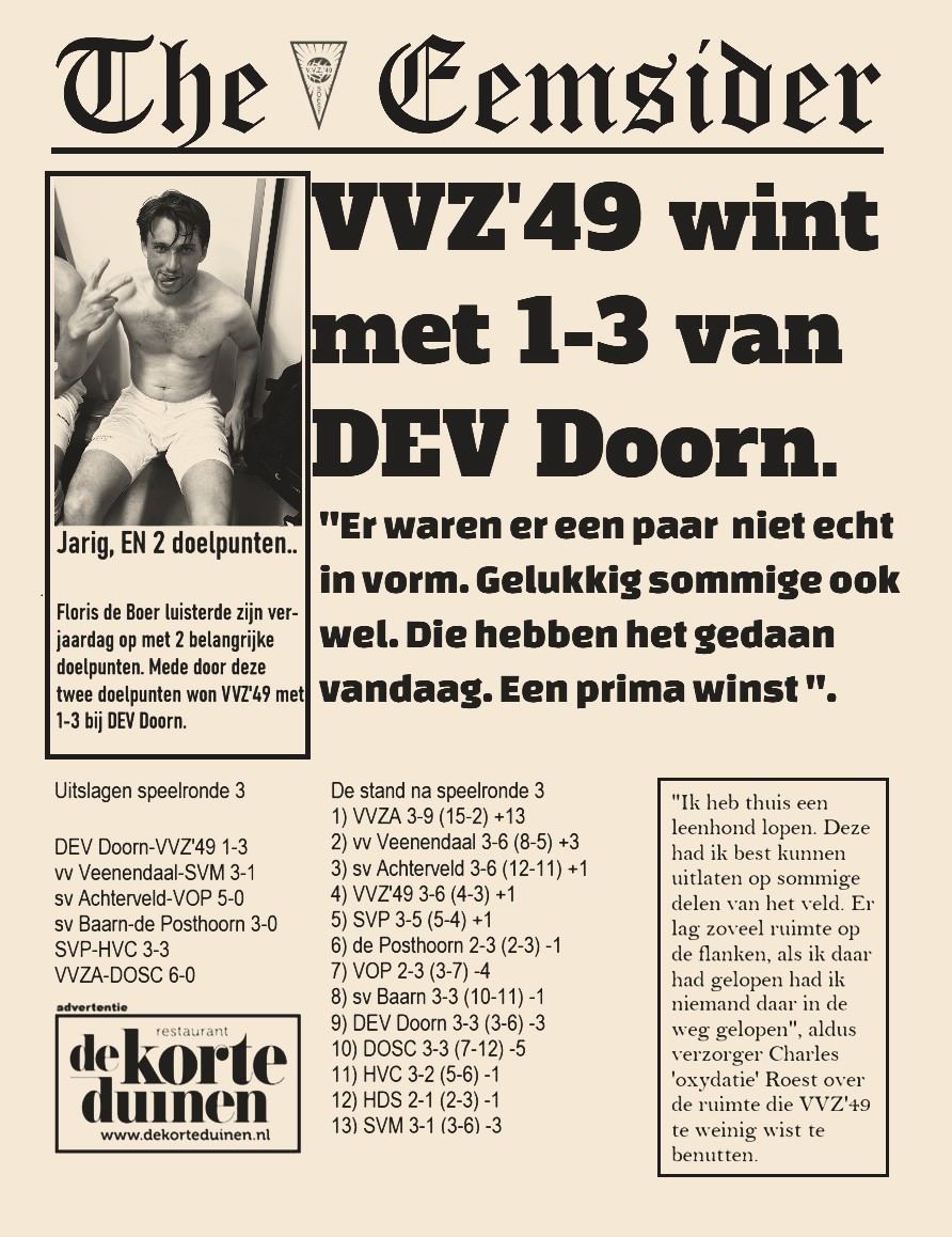 VVZ '49 verslaat DEV Doorn. Jarige Floris scoort 2 keer